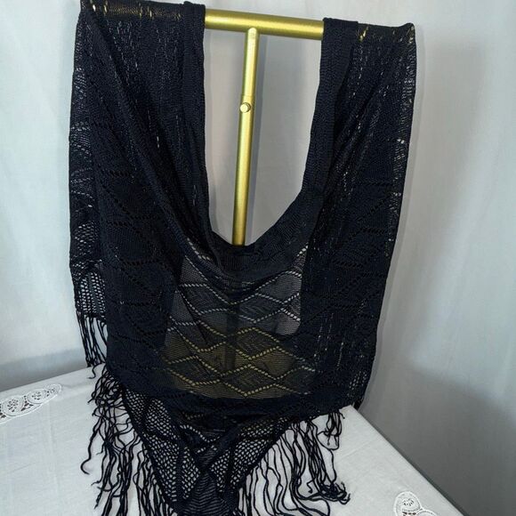 Black Fringe Knit Shawl Wrap | Boho Triangle Scarf | 82x35 + 7” Fringe - Picture 6 of 12